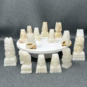 14 Carved Aztec White Onyx Chess Pieces Mayan Tiki Totem Style Mexico Stone READ